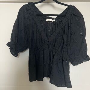 Eyelet Peplum Puff Sleeve Blouse